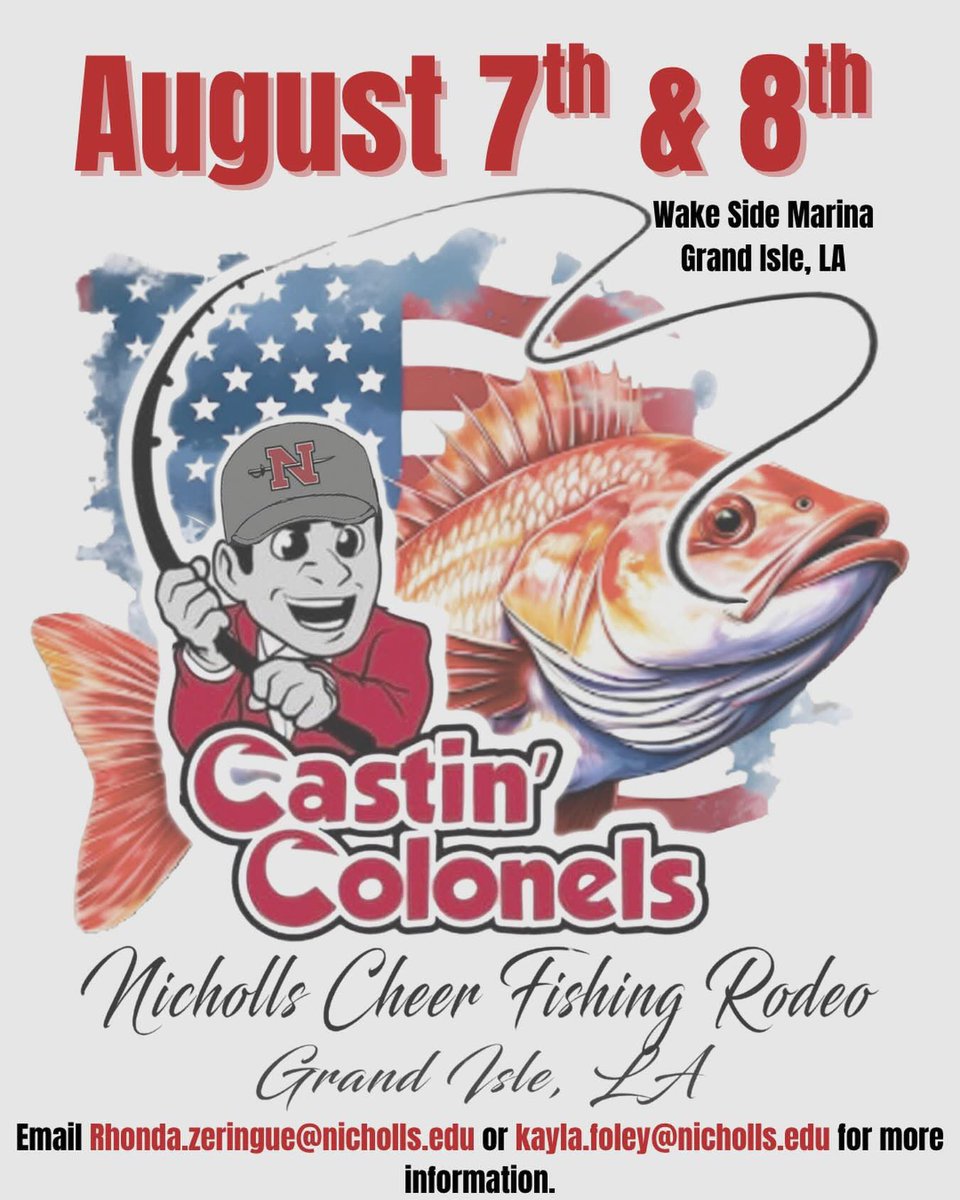 skliebert's tweet photo. 🎣 GRAND ISLE COLONEL CARAVAN  &amp; Castin' Colonels Nicholls Cheer Fishing Rodeo!

📍 Wake Side Marina | 1618 LA-1
🗓️ Friday, August 7
⏰ 6:00 PM
🆓 FREE ADMISSION

Enjoy complimentary food, cold drinks, cash bar LIVE music, and exclusive giveaways! 🎶

🔗 https://t.co/uLjfHoKjbl https://t.co/irDxKf8AcZ