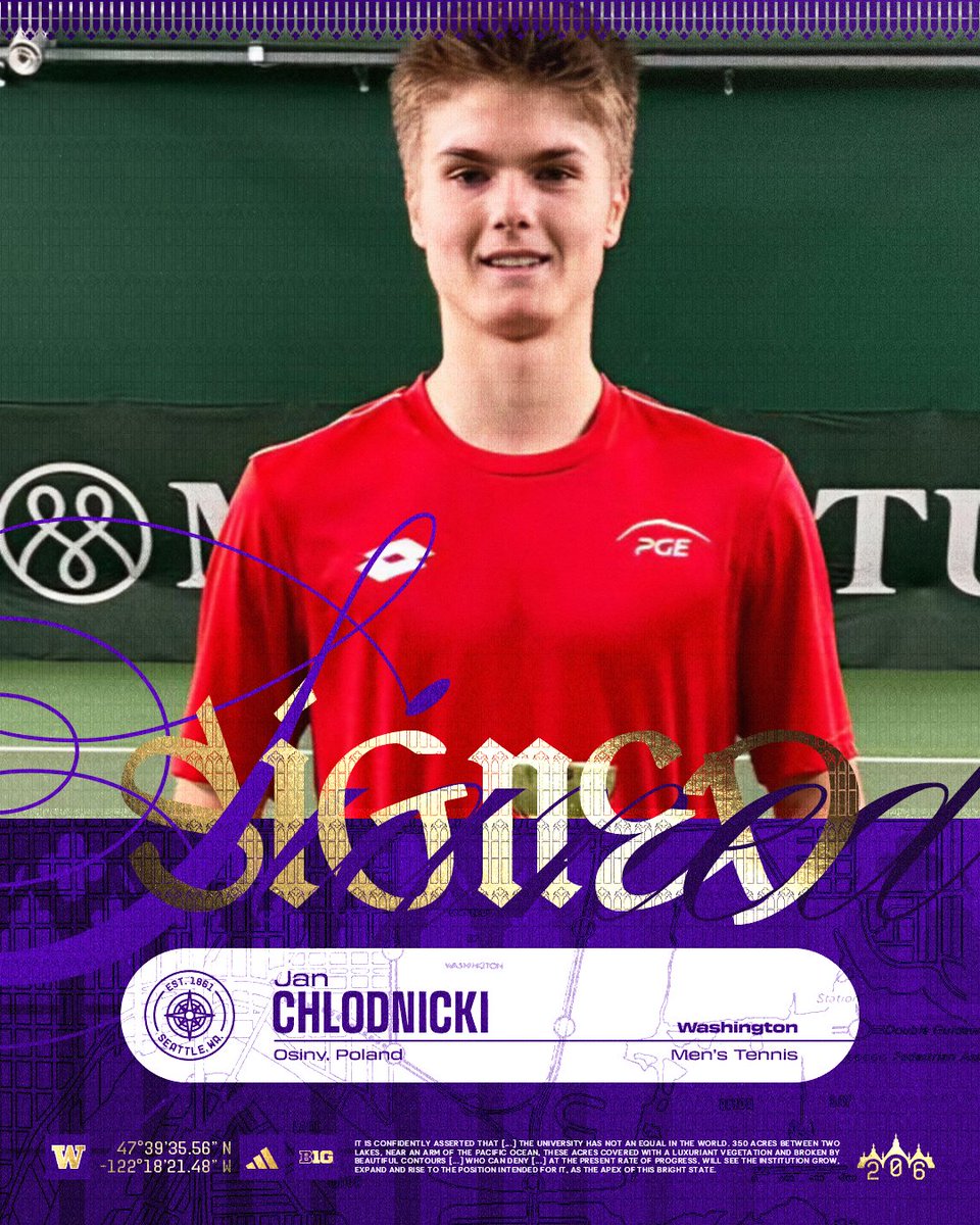 UW_MTennis's tweet photo. 𝑾𝒆𝒍𝒄𝒐𝒎𝒆 𝒕𝒐 𝑾𝒂𝒔𝒉𝒊𝒏𝒈𝒕𝒐𝒏 ☔️
We are pleased to announce the signing of Jan Chlodnicki from Osiny, Poland.
Jan will join us on Montlake for the 2026-27 Season!
#NewDawg x #GoHuskies🐾🎾 https://t.co/sPaIRt5LGH