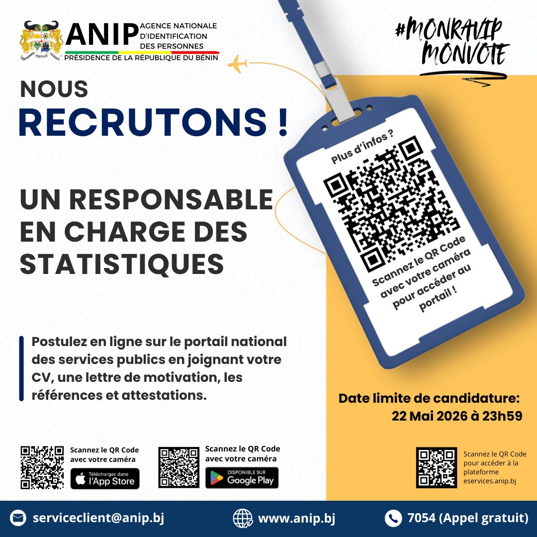 BeninANIP's tweet photo. L'ANIP recrute : Responsable Statistiques

Missions : collecte &amp; analyse des données d’état civil, production de rapports &amp; tableaux de bord...

🗓️ Candidatures jusqu’au 22 mai 2026 à 23h59

👉 Détails et lien de candidature ici : https://t.co/hood8u9nFp

#ANIP #Recrutement https://t.co/szMNvUENJ3