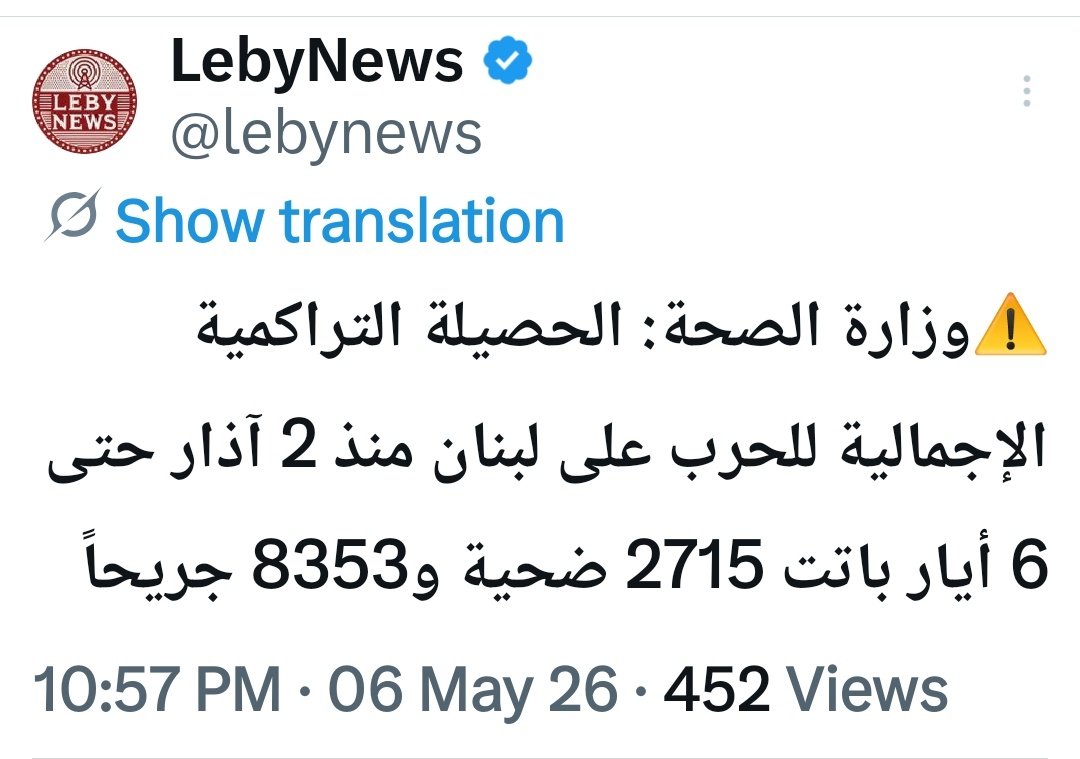 Update +13
صاروا  12740  
 بعد ثأر خامنئي 2715
بعد هدنة ترامب 529
 لا يشمل العدد مئات المدفونين تحت الأنقاض