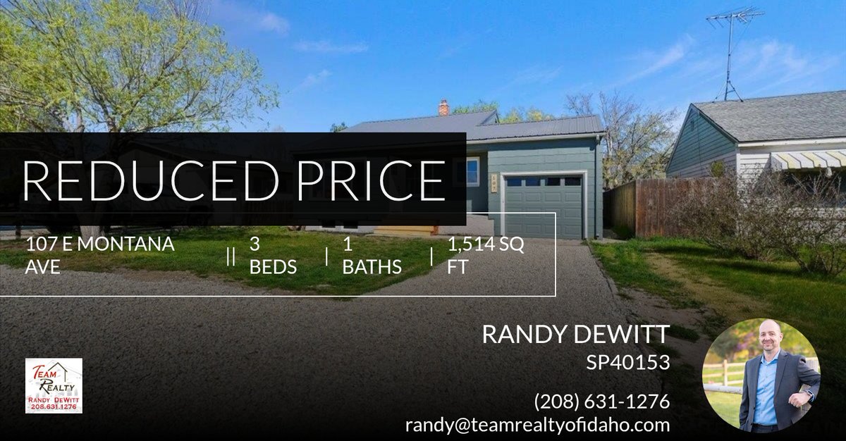 RealtorRandy208's tweet photo. 📍 Reduced Price 📍 This recently reduced home at 107 E Montana Ave in Homedale won't last long, so, don't wait to set up a showing! Reach out here or at (208) 631-1276 for more information!

Randy DeWitt
Team Realty of Idaho https://t.co/DuuAU4VQf2 https://t.co/PGQ4OigSRX