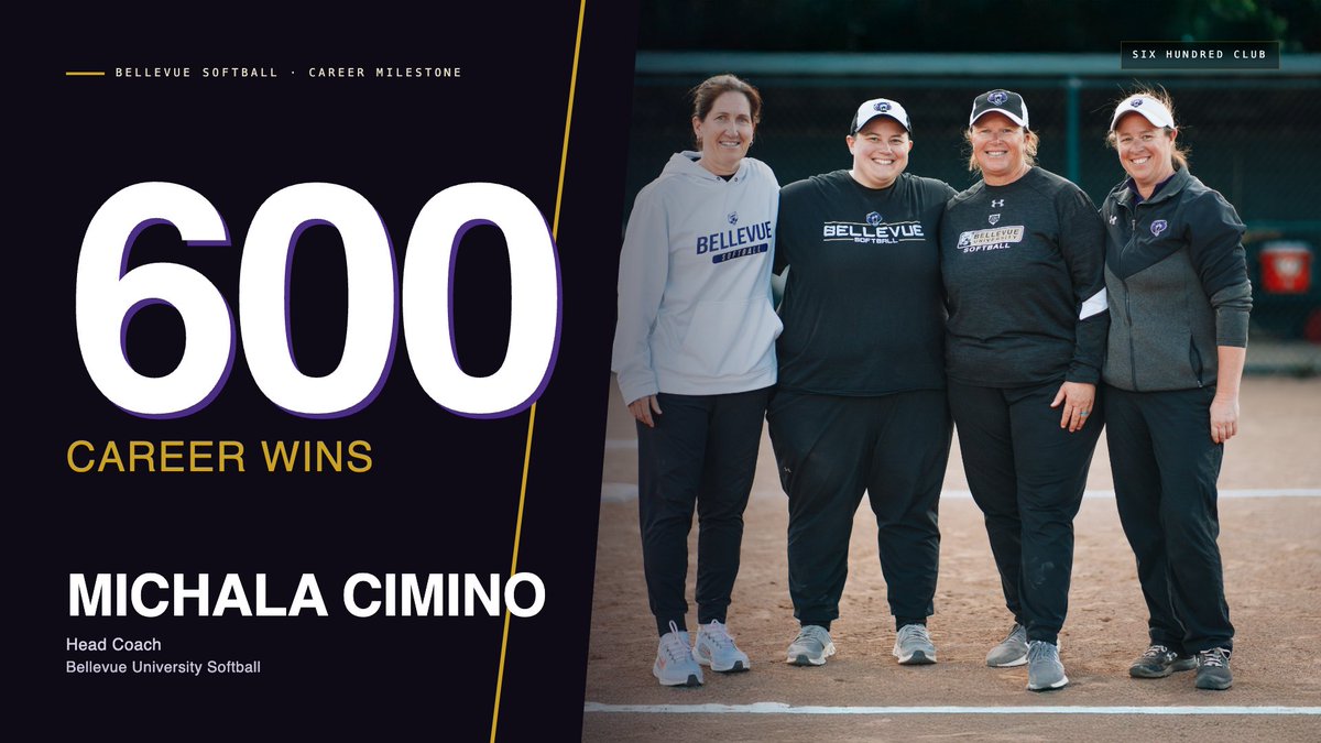 BUBruins's tweet photo. Bellevue University softball head coach Michala Cimino recorded her 600th career victory during the 2026 season. Cimino, the program's all-time wins leader, now has a career mark of 606-298-1. 

Read the full release: https://t.co/LX3p32U9av 

#TheRightWayToPlay #BUBruins https://t.co/TFgxYK53ja