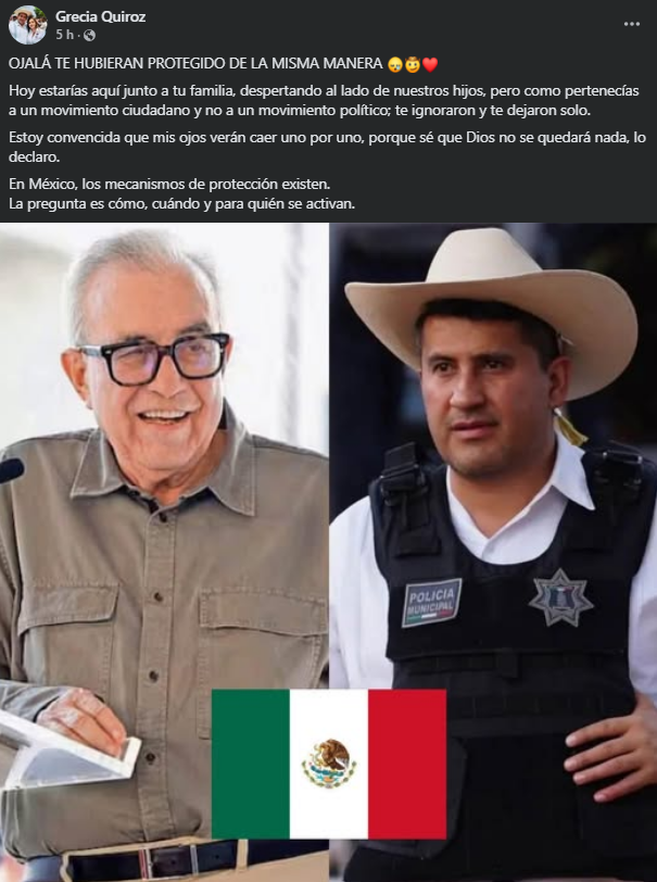🗳️📌 LO IGNORARON Y LO DEJARON SOLO: VIUDA DE CARLOS MANZO CUESTIONA PROTECCIÓN A ROCHA MOYA

Grecia Quiroz cuestionó la protección federal que recibe Rubén Rocha Moya.

Es Alcaldesa de Uruapan y viuda de Carlos Manzo.

Manzo fue exalcalde del municipio, quién había pedido