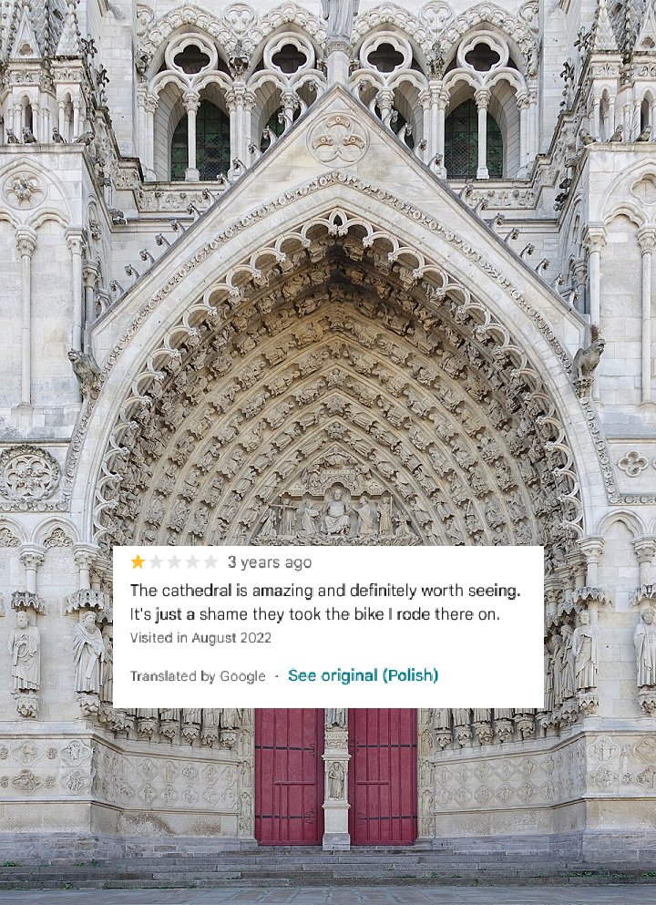 GothicChurches's tweet photo. Bro really loved his bike. 

BTW, in the original Polish version he was way more expressive - and definitely didn’t use the word “took” :D 

Amiens Cathedral https://t.co/4b3QICi9n0