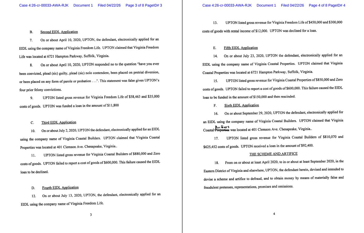 realjusthuman's tweet image. 3 counts of wire fraud related to six Economic Injury Disaster Loan (EIDL) and SBA Paycheck Protection Progiam (PPP) loan applications.