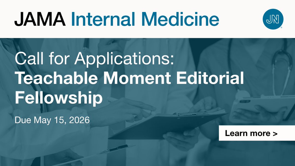 JAMAInternalMed's tweet photo. JAMA Internal Medicine is looking for Chief Residents who have an interest in high value care and medical education or research for the Teachable Moment Editorial Fellowship Program.

📅 Applications are due: May 15, 2026 
 🔗Learn more and apply here: https://t.co/bwszKLlDjX https://t.co/DhNtSetivY