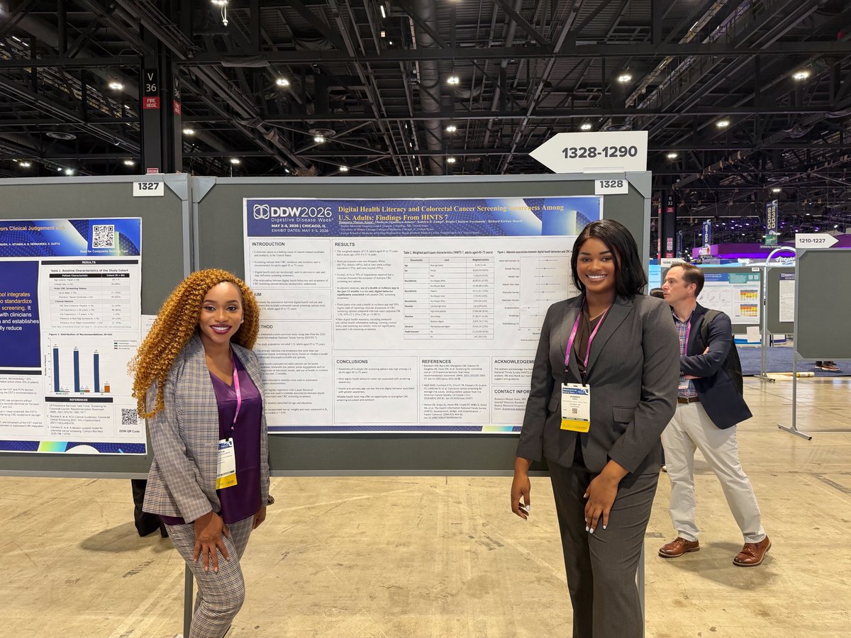 Dr_Meejay's tweet photo. Grateful for another amazing day at Digestive Disease Week 2026 presenting two posters focused on colorectal cancer screening awareness, prevention, and health literacy. So many great conversations, learning moments, and inspiring connections. 🤍

#DDW2026 #ColorectalCancer https://t.co/Xy7udJRvdy