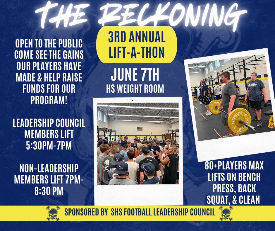 ShepherdHSFB's tweet photo. You are invited to the 3rd Annual Leadership Council Lift-a-Thon on June 7th! This is open to the public, and we will have 80+ athletes showing off their gains, and max lifts on Bench Press, Back Squat, and Clean. Come cheer on our players and support Shepherd Football! #allin https://t.co/yfEzmrvXo9