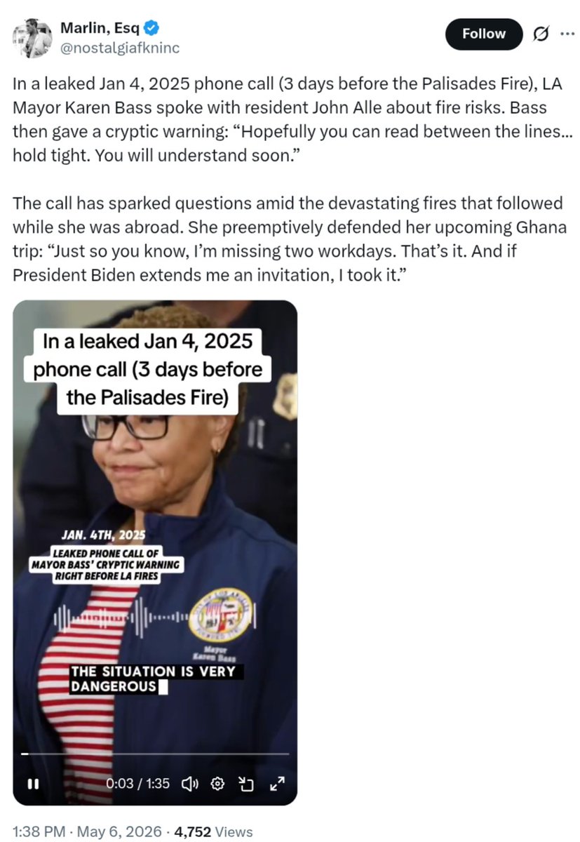 justspaceonline's tweet photo. @nostalgiafkninc "In a leaked Jan 4, 2025 phone call (3 days before the Palisades Fire), LA Mayor Bass spoke with resident John Alle about fire risks.

“Hopefully you can read between the lines... hold tight. You will understand soon.”" 👀😶

#newsom #fireaid #pratt #rico
https://t.co/Djr4qZQ41T https://t.co/jy5ed5EThj