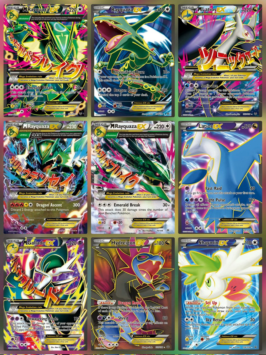 Pokemon released XY Roaring Skies 11 years ago today! The set has 7 Rayquaza  cards. Here's some of the standout cards from the set. You ready for  another Mega Rayquaza set later