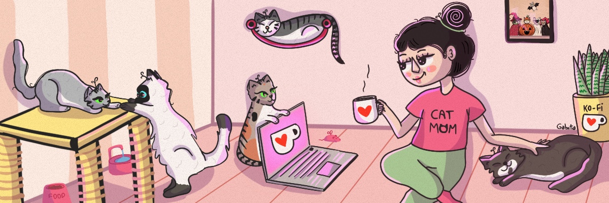 My submission for the #KofiCoverImage contest! ✨🐈 A little bit of my pink and cat-filled world. Check out my new page: ko-fi.com/heygabita ☕💖 <a href="/kofi_button/">Ko-fi</a>