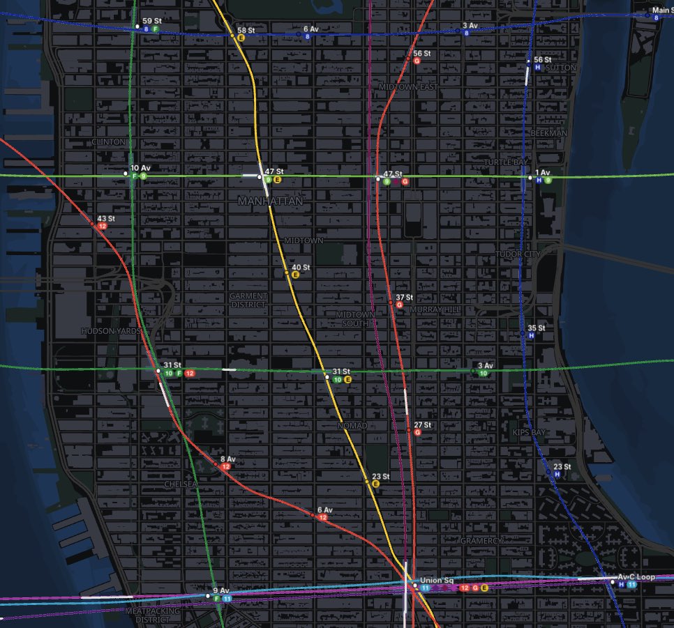 beeef1738's tweet photo. hello NYers (@LinkofSunshine @Colin_d_m i think you’d like this) what do you think of my NYC subway map on subway builder? the diamond lines are commuter rail and take <25m end to end. note: i do not live in NYC https://t.co/bcd97QuXom
