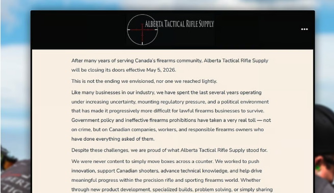Alberta gun retailer shuts down citing regulatory pressure and political climate as reasons

Link in thread 🧵