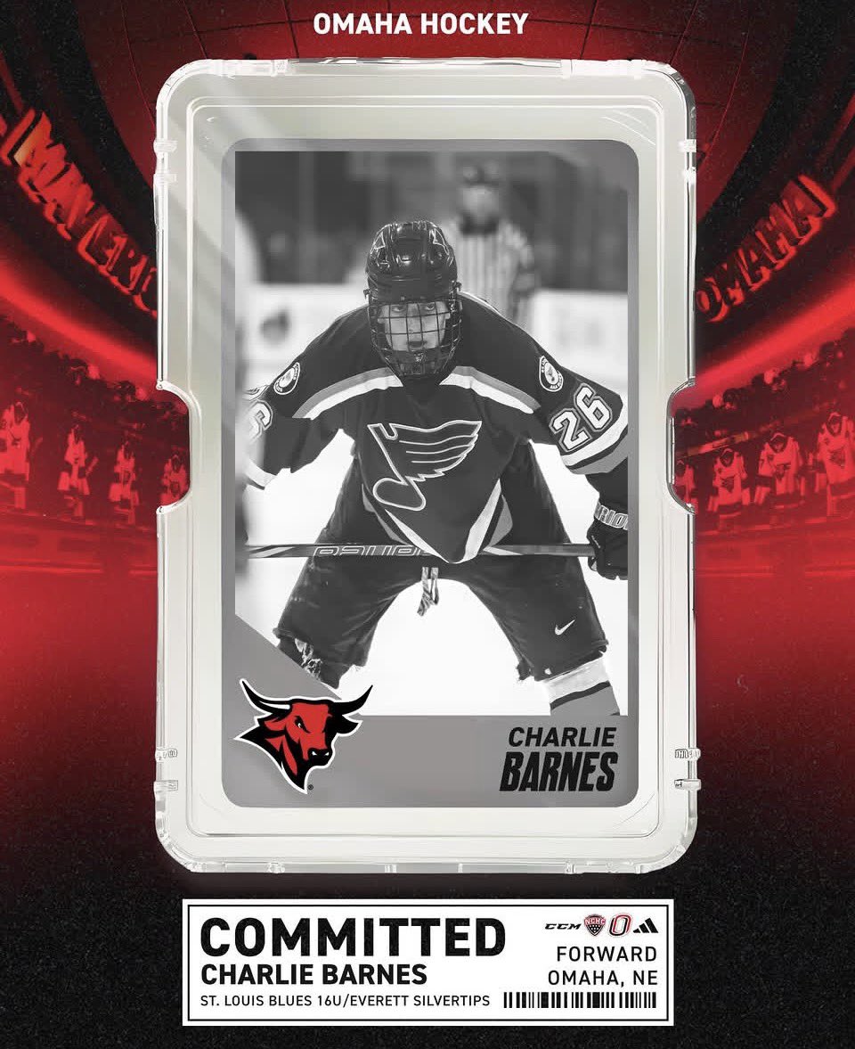 CollegePuckNXT's tweet photo. ‼️🚨BREAKING🚨‼️

The Nebraska Omaha Mavericks have received a commitment from Charlie Barnes!
🐂🔴⚫️

The ‘09 born Forward from Bellevue, NE played the 2025-26 season for @AAABlues 

Recently signed by @WHLsilvertips to WHL Scholarship &amp; Development agreement. https://t.co/er7ZDJJsYD