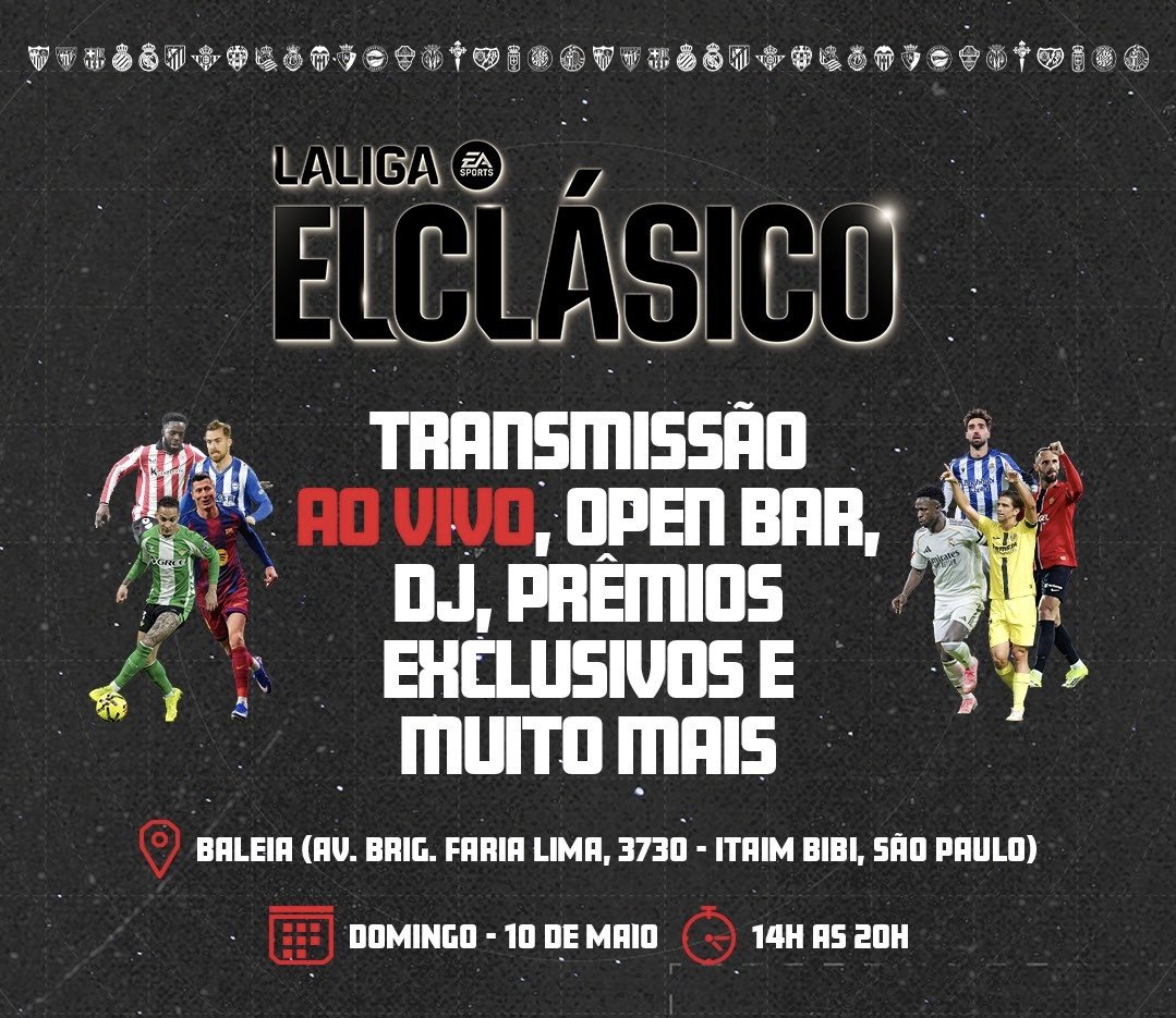 LaLiga vai transmitir o El Clásico direto da Faria Lima, em São Paulo.

O evento será aberto ao público e vai contar com participação de Sávio, ex-Real Madrid, e Adriano Correia, ex-Barcelona.

📸 Divulgação