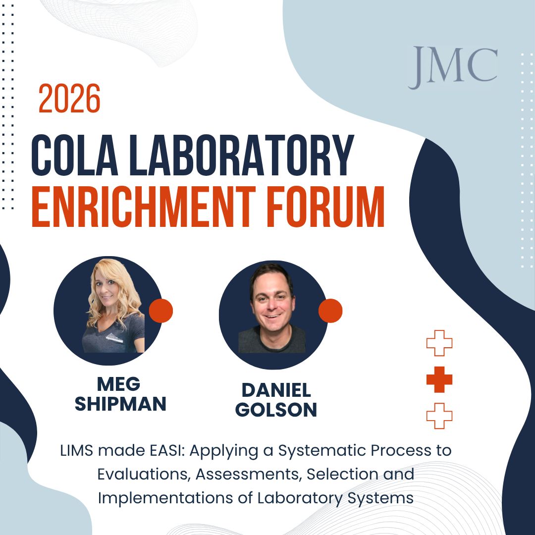JMC_Team's tweet photo. JMC is proud to have Meg Shipman &amp; Daniel Golson representing our team at the COLA Laboratory Enrichment Forum! If you are attending, be sure to stop by and learn how a thoughtful, repeatable process can turn complex system decisions into manageable, successful outcomes. https://t.co/zCG0h5kkER