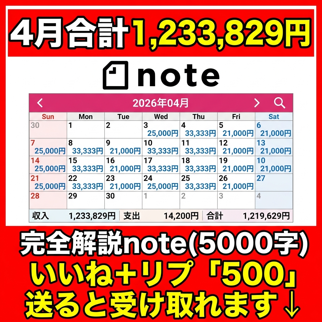 AI_jikan's tweet photo. 500円note極めたら、競合者が少なすぎて4月だけで100万超えたんだけど、どうせ教えても98％の人はやらないので、ノウハウ教えます。

しかもAIﾎﾟﾁﾎﾟﾁするだけなので、1日15分くらいの作業で日給3万越えしちゃうチート技ですw

このノウハウをパクるだけで月収50万は余裕で稼げるようになるかと。

やり方をnote(5000字)にまとめました👇