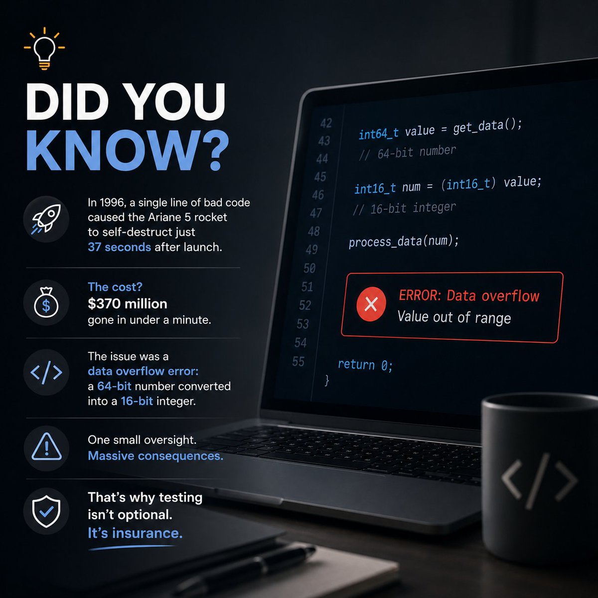 plegotech's tweet photo. Did you know?

In 1996, a single line of bad code caused the Ariane 5 rocket to explode 37 seconds after launch.

The damage? $370 million. Gone in under a minute.

The lesson? Testing isn't a luxury. It's insurance.

#SoftwareEngineering #Testing #TechHistory #FunFact https://t.co/nurh6rcrEm