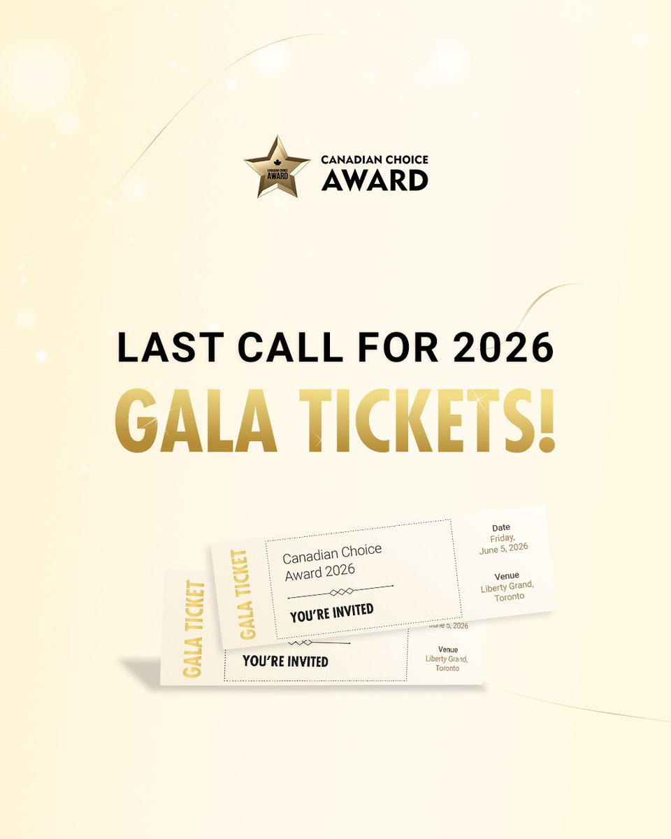 CanadianCAward's tweet photo. We’re getting close to full capacity, and we don’t want you to miss this special evening celebrating our 2026 winners.

If you’ve been planning to join us, now is the time to secure your spot — we’d love to have you in the room for this unforgettable night.

#CanadianChoiceAward2026 #CCAGala2026 #June5th