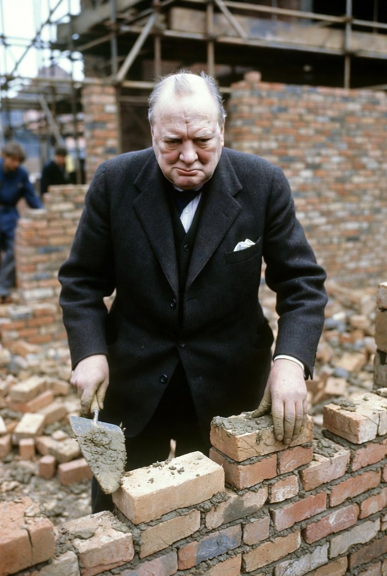 KuyaDigi's tweet photo. •Winston Churchill fought his depression with bricks, laying them for hours at his country home in Kent.
•He joined the bricklayers’ union.
•In 1921, he wrote about why it worked; psychology took another 75 years to catch up.
•Churchill called his depression the “Black Dog,” which followed him for decades.
•His method: laying brick after brick, hour after hour.
•In a long essay for The Strand Magazine, he explained that people who think for a living can’t fix a tired brain by resting it.
•They must engage a different part of themselves — the part that moves the eyes and hands (e.g., woodworking, chemistry, bookbinding, bricklaying, painting).
•Modern psychology calls this behavioral activation, one of the most-studied depression treatments.
•Depression creates a behavior trap: you feel bad → stop doing things → less to feel good about → feel worse → do even less.
•Behavioral activation breaks the loop from the action side: schedule the activity first, even when you don’t want to.
•Doing it produces small rewards (straighter wall, completed painting, cleaner room) that slowly rewire the brain — action first, feeling follows.
•2006 University of Washington study (241 adults with major depression): behavioral activation matched antidepressants for the most severely depressed and beat regular talk therapy.
•A 2014 review of 26 trials and over 1,500 patients confirmed the results.
•Physical work like bricklaying adds extra benefit: it crowds out rumination (looping bad thoughts).
•It demands both hands and provides immediate feedback — each brick straight or crooked; visible progress after an hour.
•As George Mack put it: “depression hates a moving target.”
•The science: depression hates a brain that has somewhere else to be.