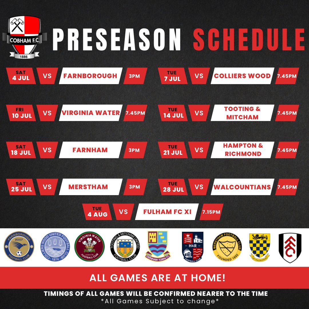Cobham_FC's tweet photo. 𝗣𝗿𝗲𝘀𝗲𝗮𝘀𝗼𝗻 𝗦𝗰𝗵𝗲𝗱𝘂𝗹𝗲

Our 2026/27 Preseason Schedule https://t.co/Fs0san5Wru
