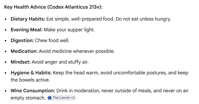 RayArmat's tweet photo. Da Vinci's Rules for #Health:
* Eat simple meals only when hungry, light dinners, chew well, stand up &amp; walk after food
* Keep the back straight, avoid stuffy air
* Be cheerful, avoid anger
* Keep clear of physicians: "Whoever takes medicine hurts himself"
- Codex Atlanticus https://t.co/KfZzyYooJX