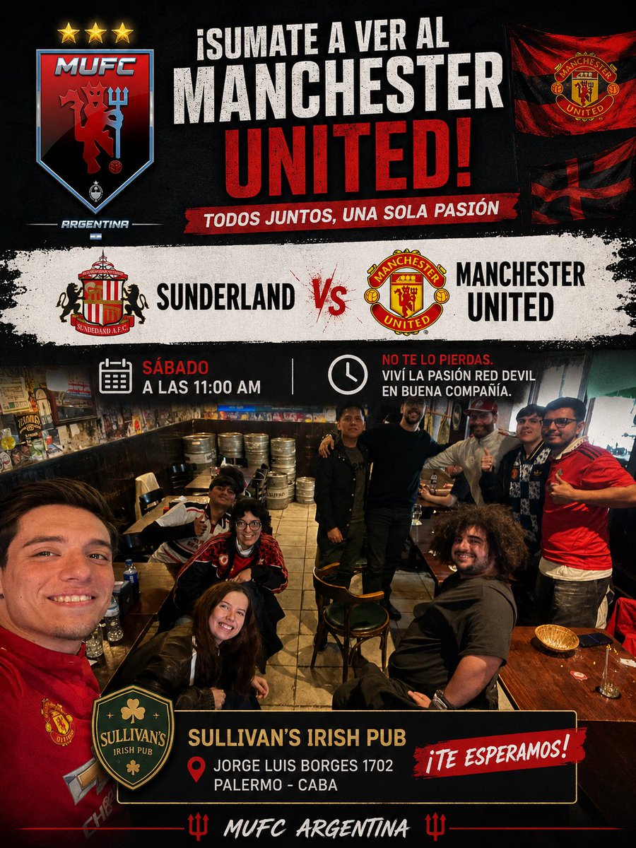🔜PRÓXIMA JUNTADA
   🗓️SÁBADO 11:00 HS
   🍺LUGAR: SULLIVAN'S IRISH PUB
   🌎DIRECCIÓN: JORGE LUIS BORGES 1702 - CABA

🐈‍⬛ SUNDERLAND VS 👹 MANCHESTER UNITED

Dejanos tu mensaje para sumarte!!!