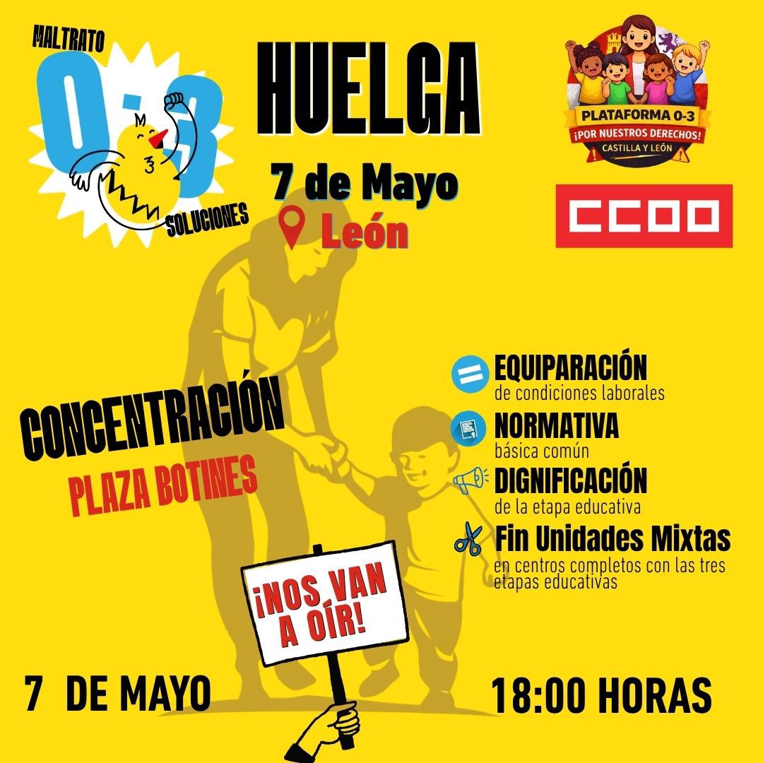 PCELeon's tweet photo. ✊🏻 La enseñanza de 0 a 3 va a la huelga

🚸 Por una mejor atención a nuestros hijos

👩🏻‍🏫 Por unas mejores condiciones para las educadoras

🏫 Por unos servicios públicos decentes

📢 Mañana en Botines #Leonesp a las 18h

https://t.co/IATJNvl6aN

#Leonesp https://t.co/sYpAbpchZP
