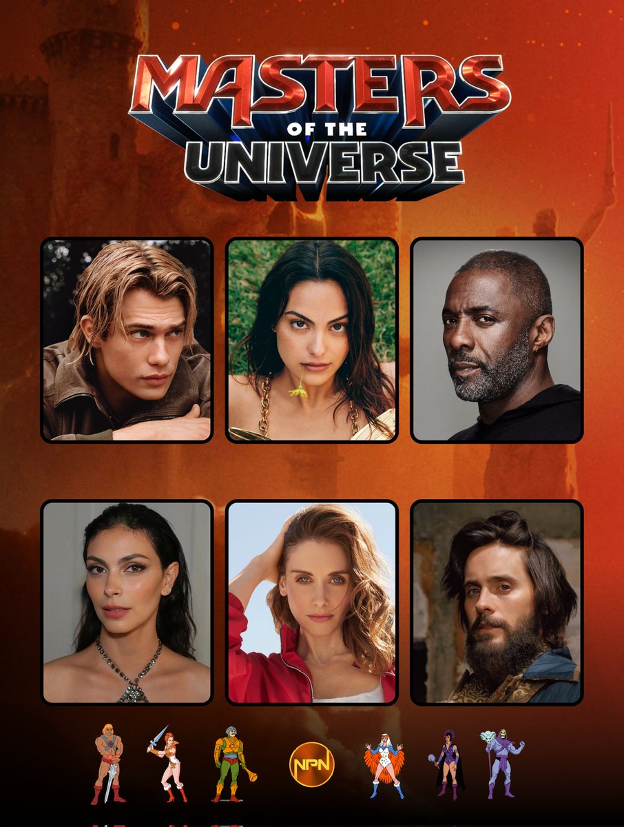 NexusPointNews's tweet photo. The cast of ‘MASTERS OF THE UNIVERSE:’

• Nicholas Galitzine as He-Man
• Camila Mendes as Teela
• Idris Elba as Man-at-Arms
• Morena Baccarin as Sorceress 
• Alison Brie as Evil-Lyn
• Jared Leto as Skeletor

In theaters June 5. https://t.co/ULgd1VYkU4