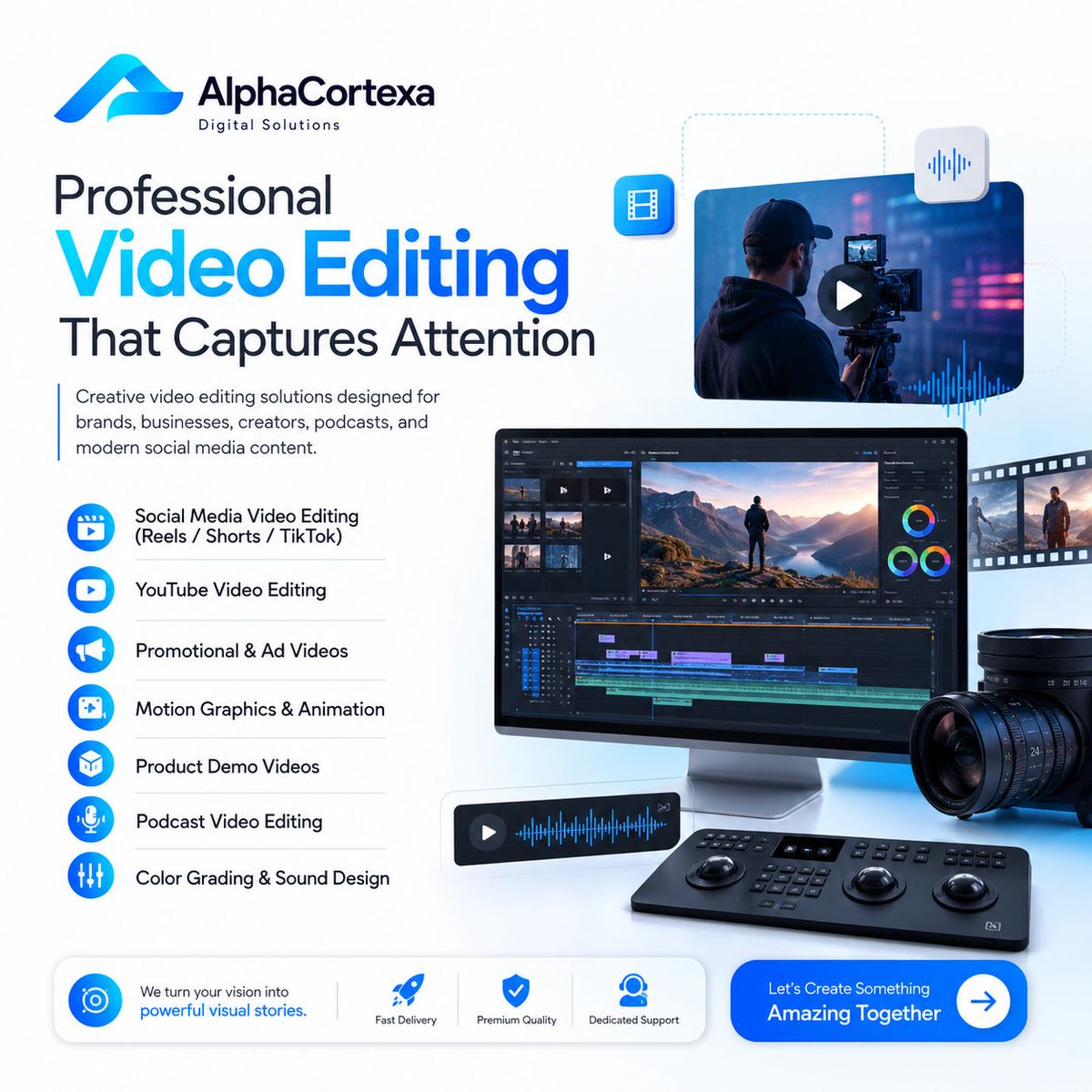 AlphaCortexa's tweet photo. Professional video editing services for brands, businesses, and content creators. AlphaCortexa creates high-quality reels, ads, YouTube videos, motion graphics, and engaging social media content. #VideoEditing #ContentCreation #ReelsEditing #AlphaCortexa https://t.co/Q8OrswhMSe