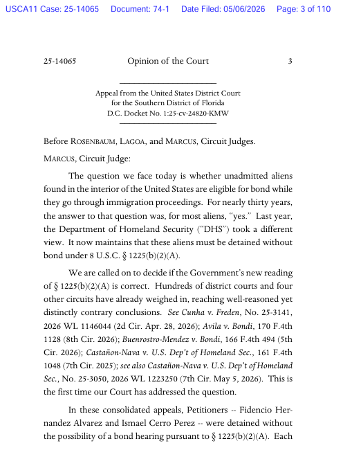 EWess92's tweet image. Can President Trump detain illegal immigrants without bond that are already in the country? The Fifth and Eighth Circuits say yes. The Second Circuit says no. The Seventh Circuit split 1-1-1. Today, the Eleventh Circuit joins the Second. Judge Lagoa dissents; Judge Marcus writes.