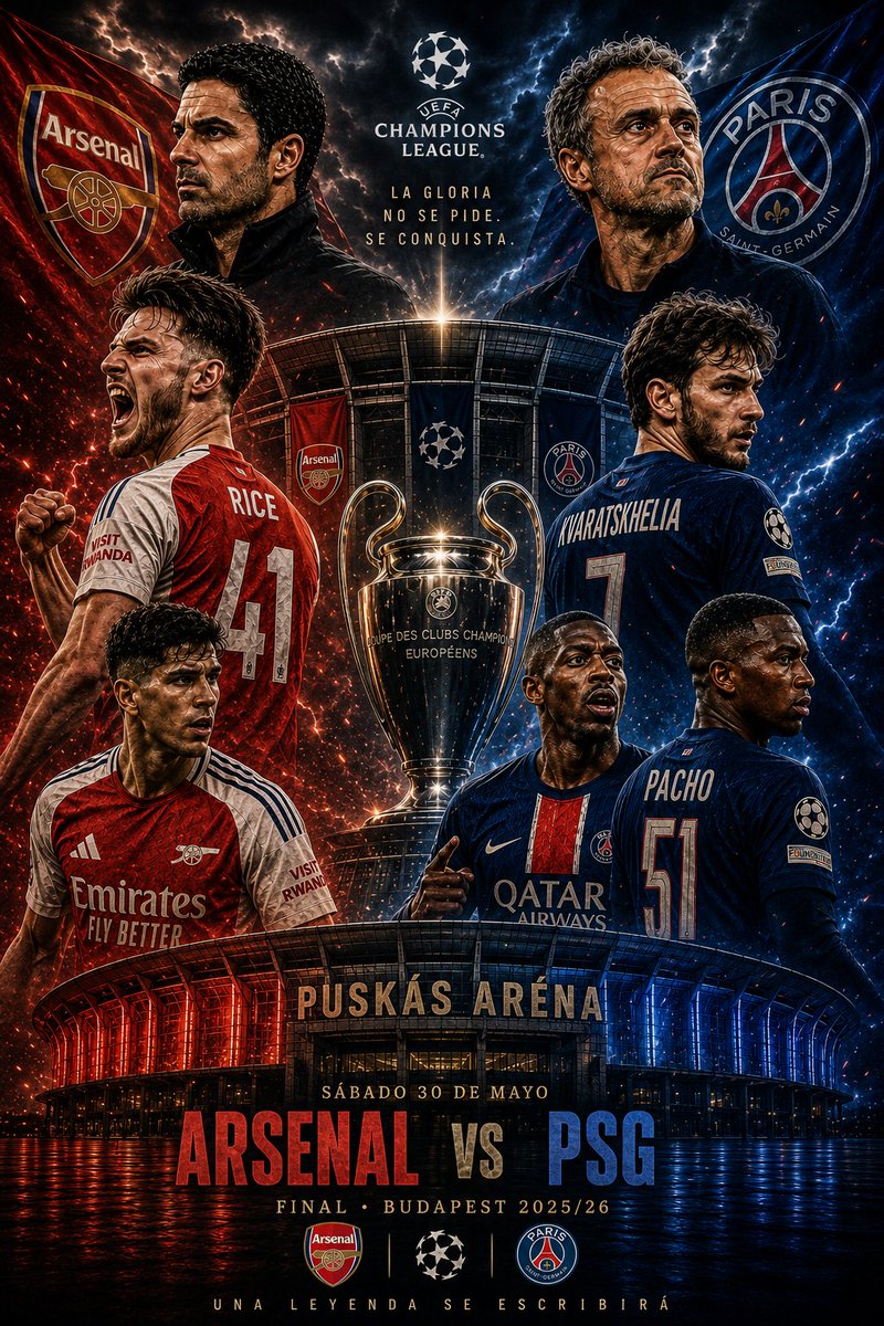 Los finalistas de la actual #ChampionsLeague son <a href="/Arsenal/">Arsenal</a> vs <a href="/PSG_espanol/">Paris Saint-Germain</a>

Luis Enrique llega a revalidar su título de actual campeón y los de Arteta por la primera champions de Arsenal 

Todo se decide en Budapest 

¿Quién la gana?