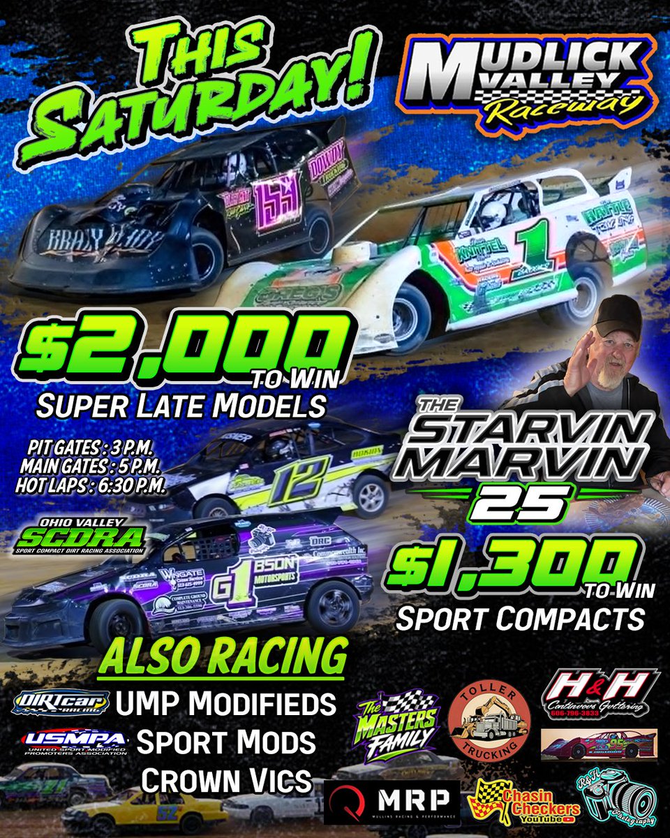 OhioValleySCDRA's tweet photo. Saturday, May 9th, the Ohio Valley SCDRA heads to Mudlick Valley Raceway in Wallingford, Kentucky for the Starvin Marvin 25, held in memory of longtime Mudlick Valley Raceway supporter Marvin Masters.
Super Late Models will also headline the program racing for $2,000 to win. https://t.co/OC9sS5NokK