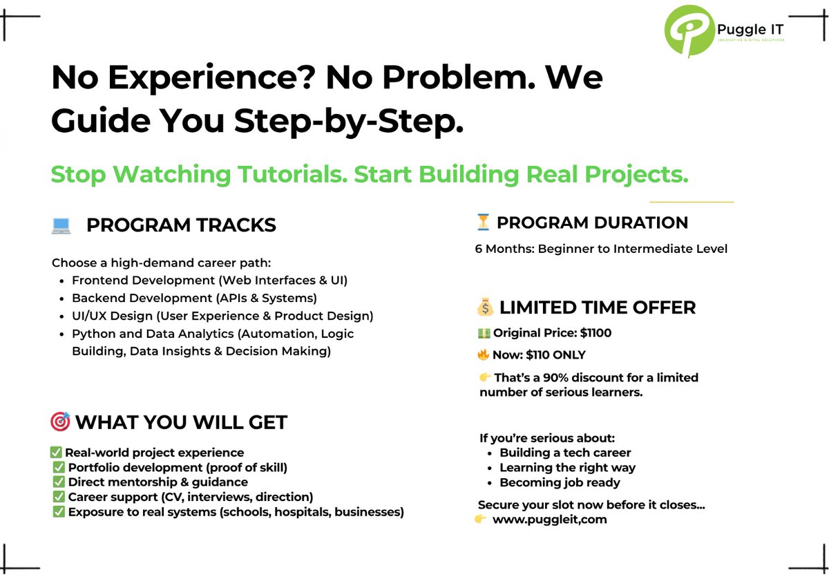 puggleit's tweet photo. Stop learning tech the hard way. 
❌ Endless tutorials. 
❌ No guidance.
 ❌ No real projects.
At Puggle IT Mentorship, we take you from complete beginner to job-ready in just 6 months with
Secure your slot now 👉 https://t.co/cxoMLUxtOG

#TechMentorship #LearnTech https://t.co/vQOs7kinXL
