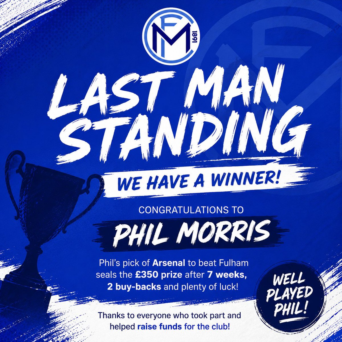 Melbourn_FC's tweet photo. 💀 LAST MAN STANDING: WE HAVE A WINNER 💀

After 7 weeks and 2 buy-backs, Phil Morris is the last man standing and seals the £350 prize 👏🏼😂

Thanks to everyone who took part and helped raise funds for the club throughout the season 💙⚽

#UpTheMelbourn #LastManStanding https://t.co/rOFAQ93e6m