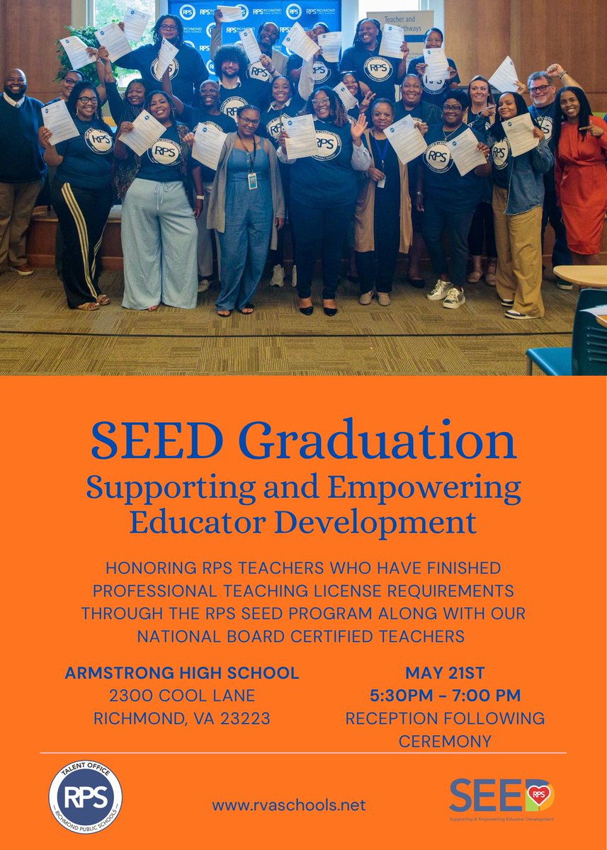 RodRobinsonRVA's tweet photo. We are proud to celebrate nearly 100 educators who have successfully fulfilled the requirements for a professional teaching license—completely debt-free—through the RPS SEED Program. https://t.co/zhmCBdbqYO