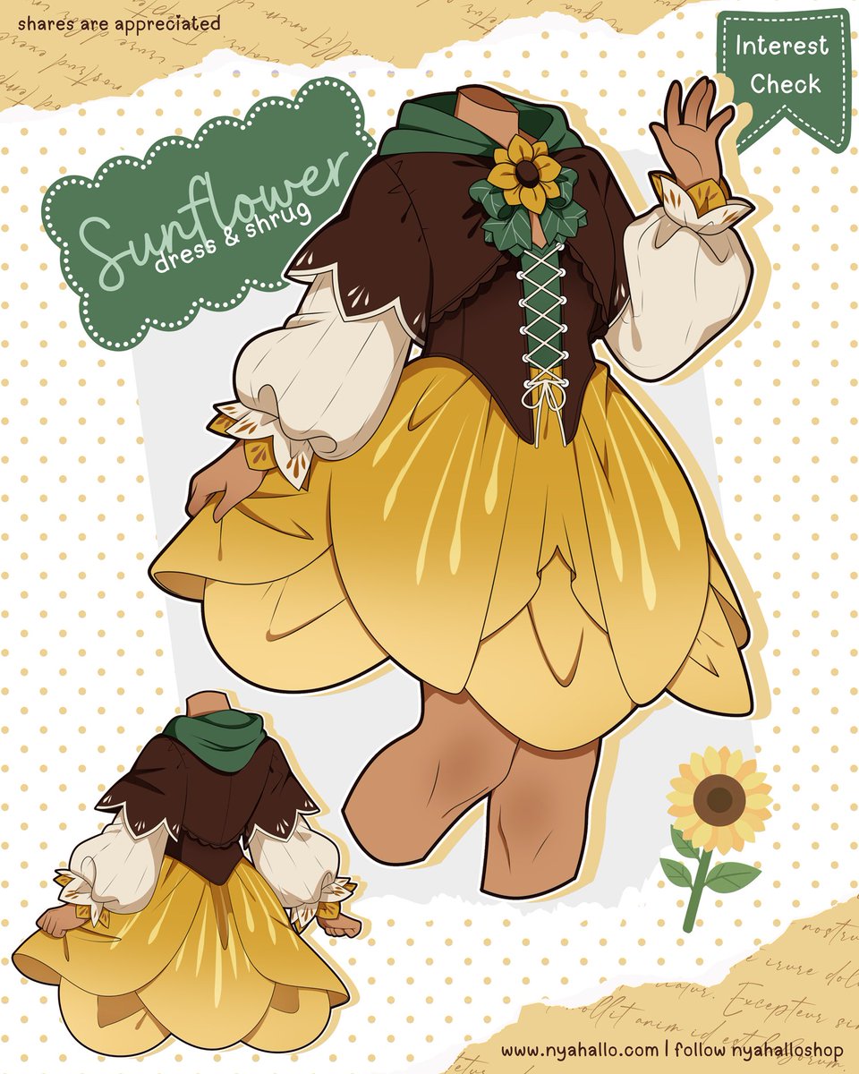 NyahalloShop's tweet photo. 🌻 Sunflower Dress & Shrug 🌻
A cozy cottagecore set inspired by the aesthetics of late summer fields with golden blooms. Featuring a petal-layered sunflower skirt, a blouse with puff sleeves, a lace-up bodice, and a soft matching shrug for that warm harvest vibe. This dress is designed for wandering gardens, picking wildflowers, and carrying a little sunshine wherever you go ☀️

Would you wear this?
(As usual, this is an interest check and not a real product as of yet. It could be though!)