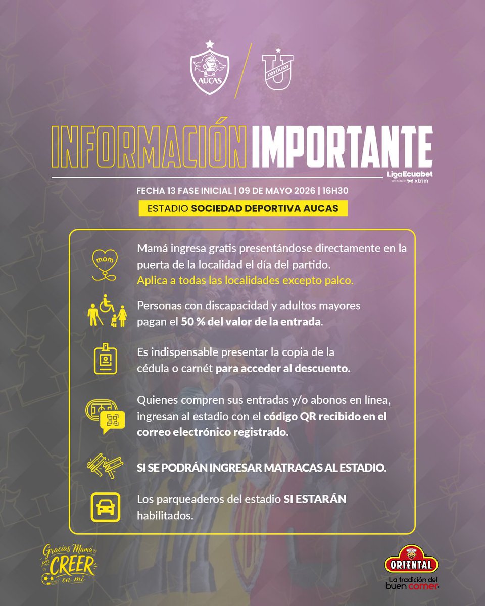 Gracias por creer siempre, mamá 💛❤️
Hoy #PapáAucas INVITA a nuestra casa a las que nunca fallan:
las que alientan, las que sienten, las que creen.
👩‍👧‍👦 Este sábado, las madres ingresan GRATIS.
🎟️ Acércate directamente a la puerta de la localidad que prefieras (excepto palco) y