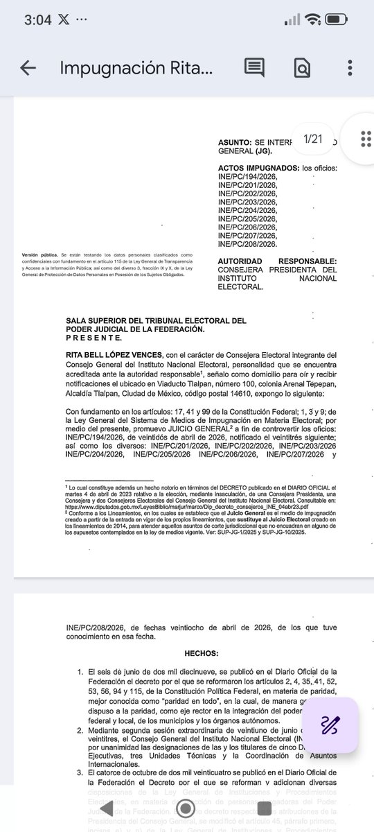 x_vlrh's tweet photo. Se acuerdan que la Consejera @RitaBellLpz  protestó sobre la falta de paridad en las designaciones de Guadalupe Taddei  ?  Pues ya impugnó. En estrados Electrónicos de la Dirección de Asuntos Jurídicos del @inemexico pueden encontrar el documento completo o lo pueden leer en mi Drive.

https://t.co/OErZ4yoeN1