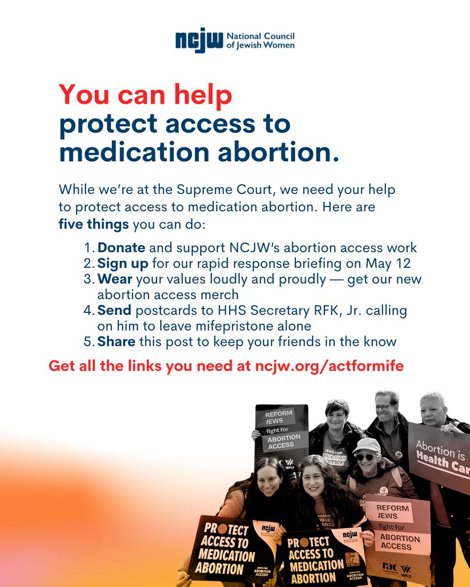 Mifepristone access is headed back to the Supreme Court, and so are we ⚖️ 

Today, NCJW led 50+ faith organizations in an amicus brief to the Supreme Court to say: protecting religious freedom means preserving access to medication abortion — and that includes mifepristone.