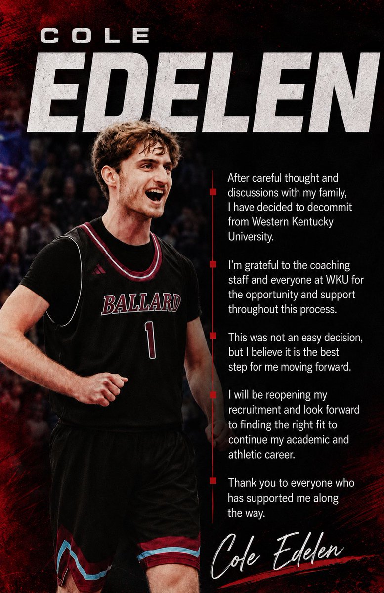 DeadStock_V's tweet photo. 2026 G Cole Edelen has decided to decommit from Western Kentucky University.

Edelen will reopen his recruitment as he evaluates his options moving forward. @ColeEdelen https://t.co/Iekv4ubWvW