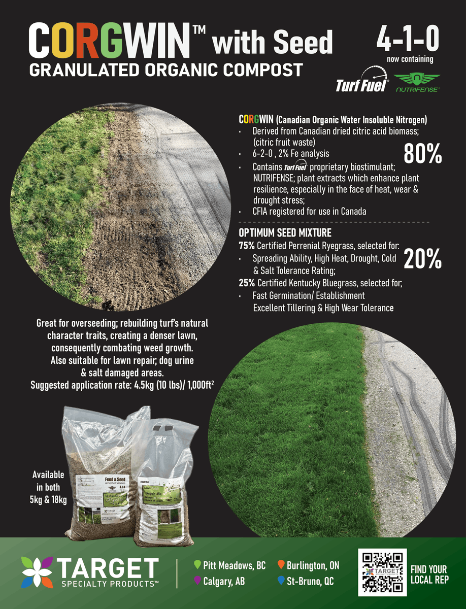 CORGWIN™ with Seed is the ultimate repair tool. This 80/20 blend of granulated organic compost and premium seed (PRG/KBG) rebuilds your lawn’s natural character while Nutrifense® tech battles heat and wear.
Pick up a bag at your nearest Target Specialty Products branch!