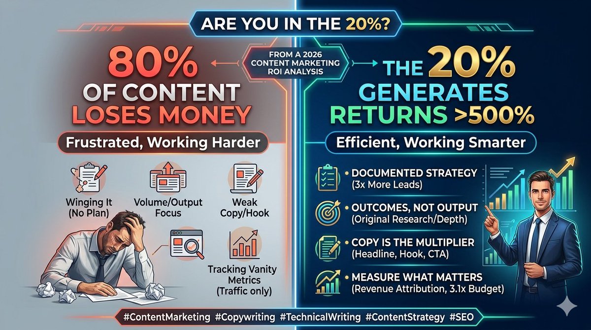 ItsSamWrites's tweet photo. 80% of content loses money. The other 20% generates returns above 500%. That's not a typo; that's from a 2026 content marketing ROI analysis. And it's the most clarifying stat I've seen in years, because it tells you exactly why most writers are frustrated. https://t.co/UX8m9sfixH
