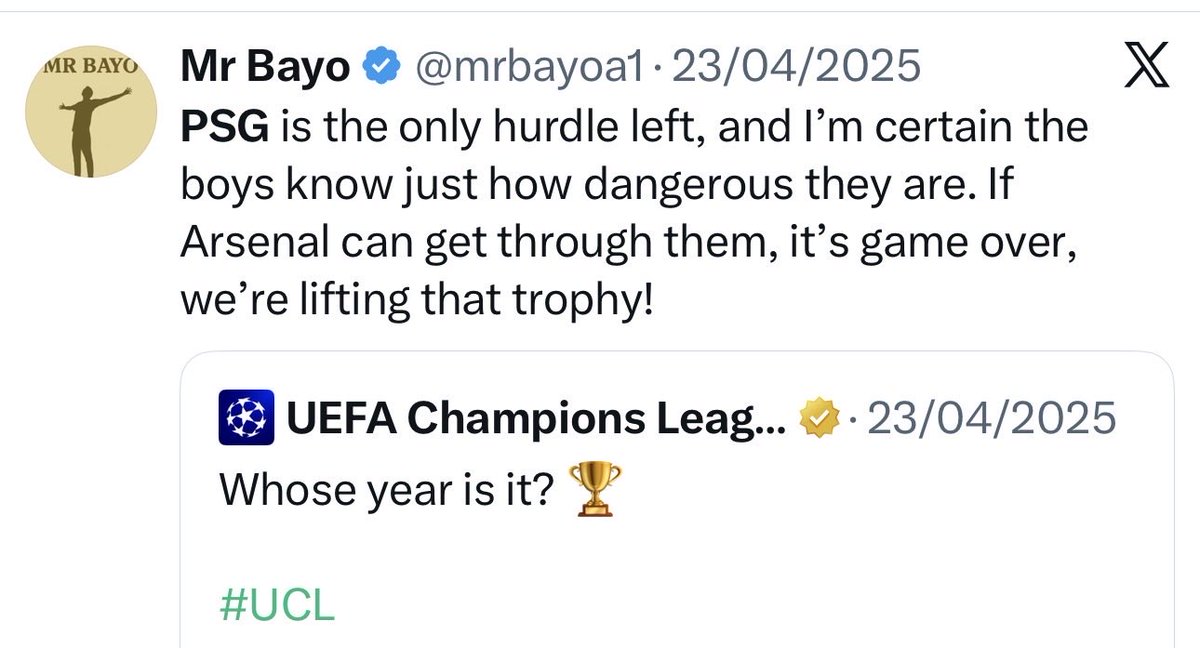 This is what I said about PSG last year because I felt they had an edge over us then, but not this year. Last season, I was 100% sure we would beat Real Madrid, and we did. I have that same feeling now about beating PSG in the final because we are better. It’s Arsenal’s time 🏆❤️