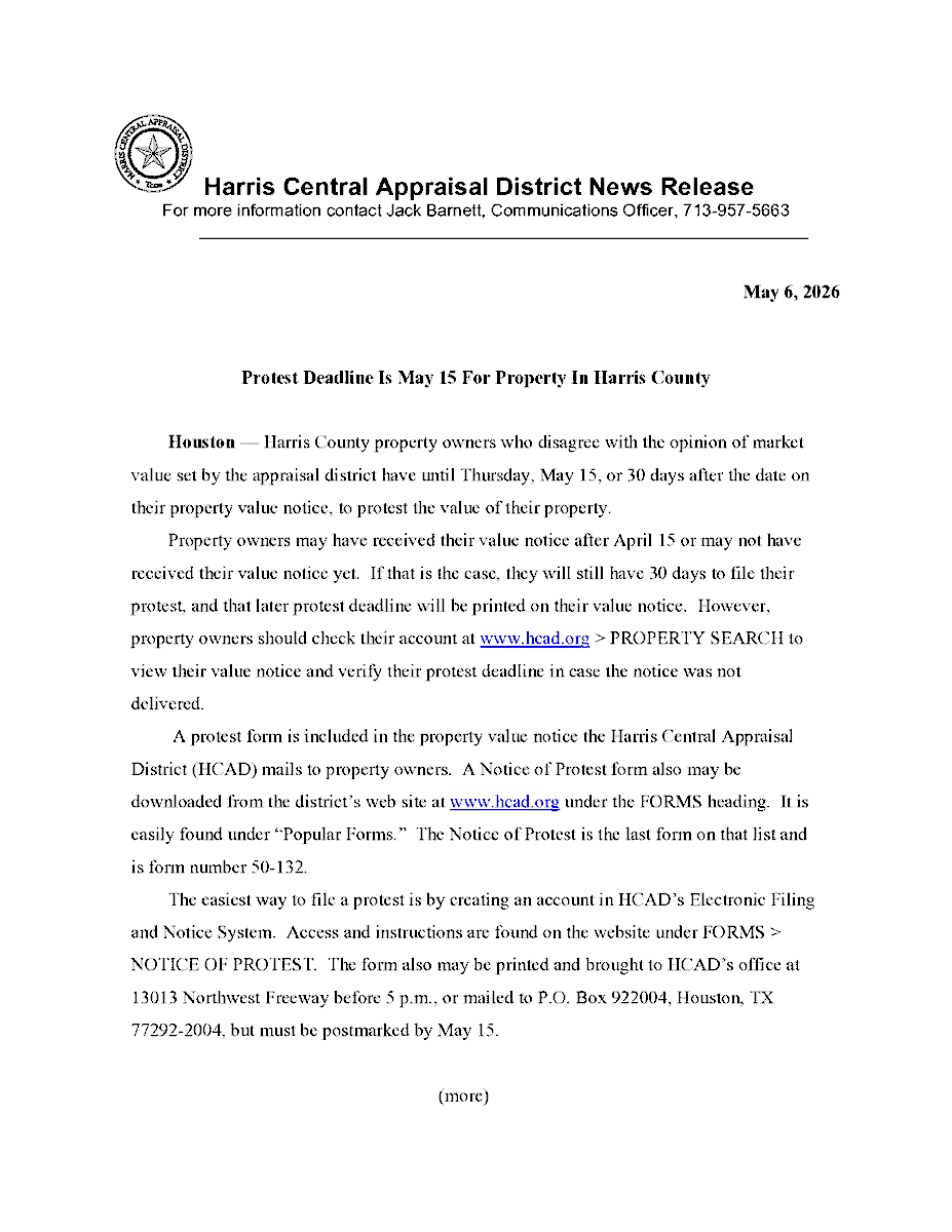 HCAD_Info's tweet photo. Harris County property owners who disagree with the opinion of market value set by the appraisal district have until Thursday, May 15, or 30 days after the date on their property value notice, to protest the value of their property. https://t.co/GgtQpb5t49
