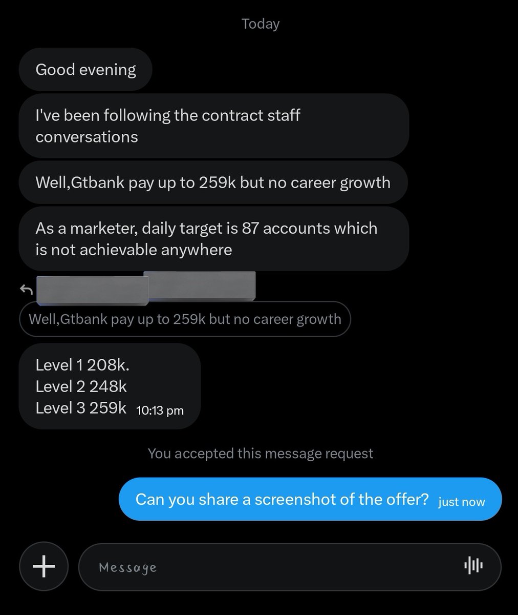 From my DMs. 

Look at what GTBank is paying their staff, and look at the target. 

87 accounts daily is 1700 accounts per month, with limited hopes of promotion. 

How is this not slavery? 

How does this make sense?