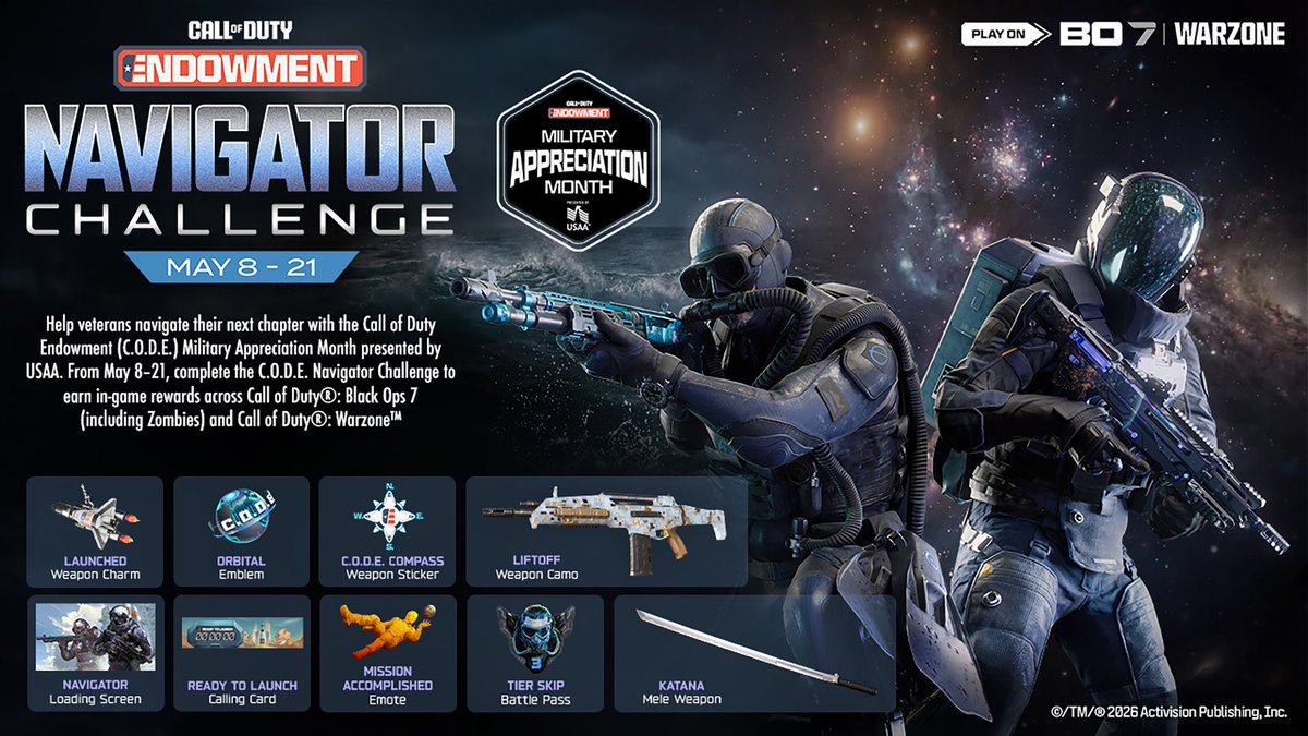 FIRST LOOK at ALL #BlackOps7 ‘CODE: Navigator Challenge’ Event Rewards!

💥 Unlock the NEW ‘Katana’ Weapon, ANIMATED ‘Lift Off’ Camo &amp; MORE — available May 8th!