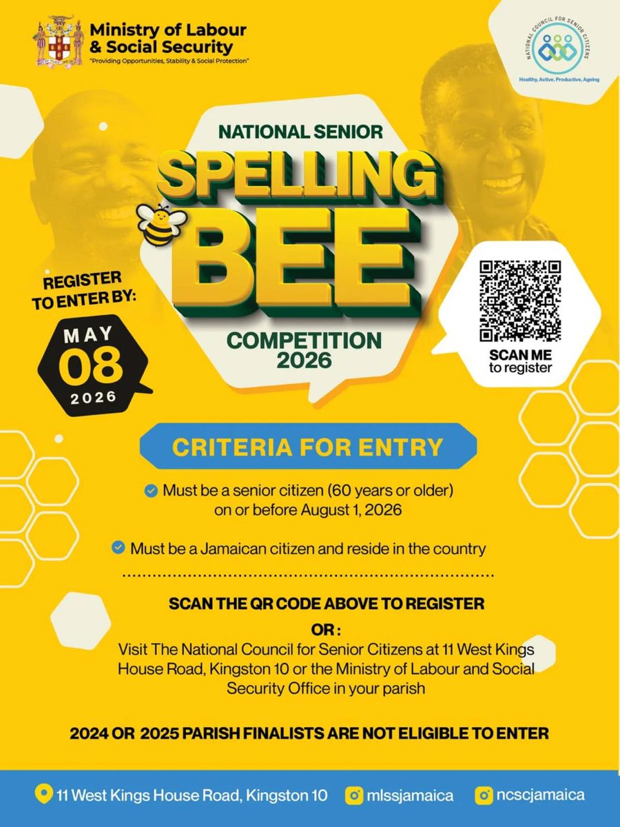 Are you 60 plus years old? Are you a good speller? 🤓
Then why not register for the National #SeniorSpellingBee!
Register by Friday, May 8.
<a href="/mlssjamaica/">MLSS Jamaica</a> <a href="/ncscjamaica/">ncscjamaica</a>