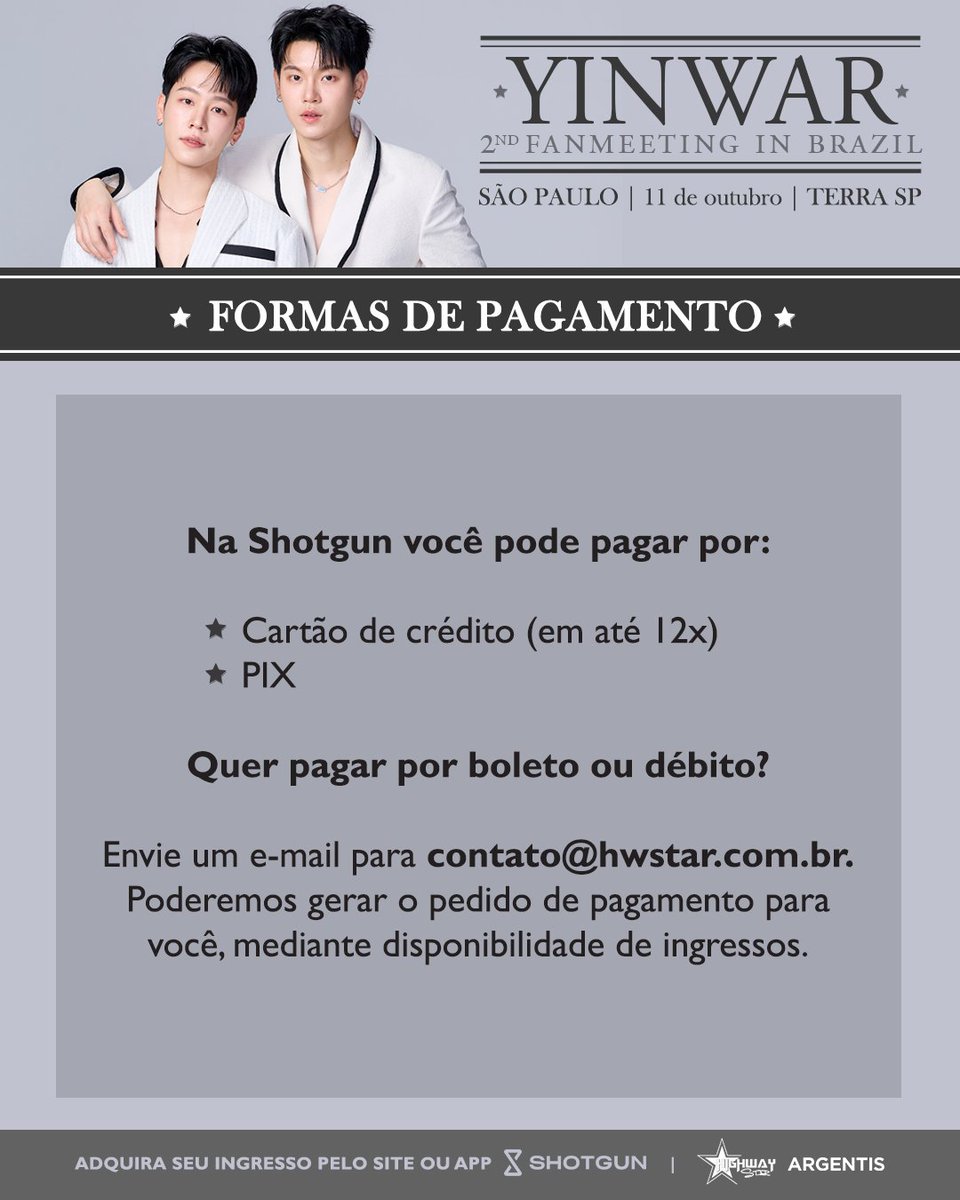 ELES ESTÃO APAIXONADOS PELO BRASIL! ✨ YINWAR 2ND FANMEETING IN BRAZIL ✨

📅 11 de outubro de 2026 (Domingo) às 19h30
📍 Terra SP - São Paulo
🎟 Ingressos a partir de R$170 | Fanmeeting, hi-touch e pacotes com fotos e itens autografados
⭐️ Pré-venda Galaxie: Entre 10h às 19h do