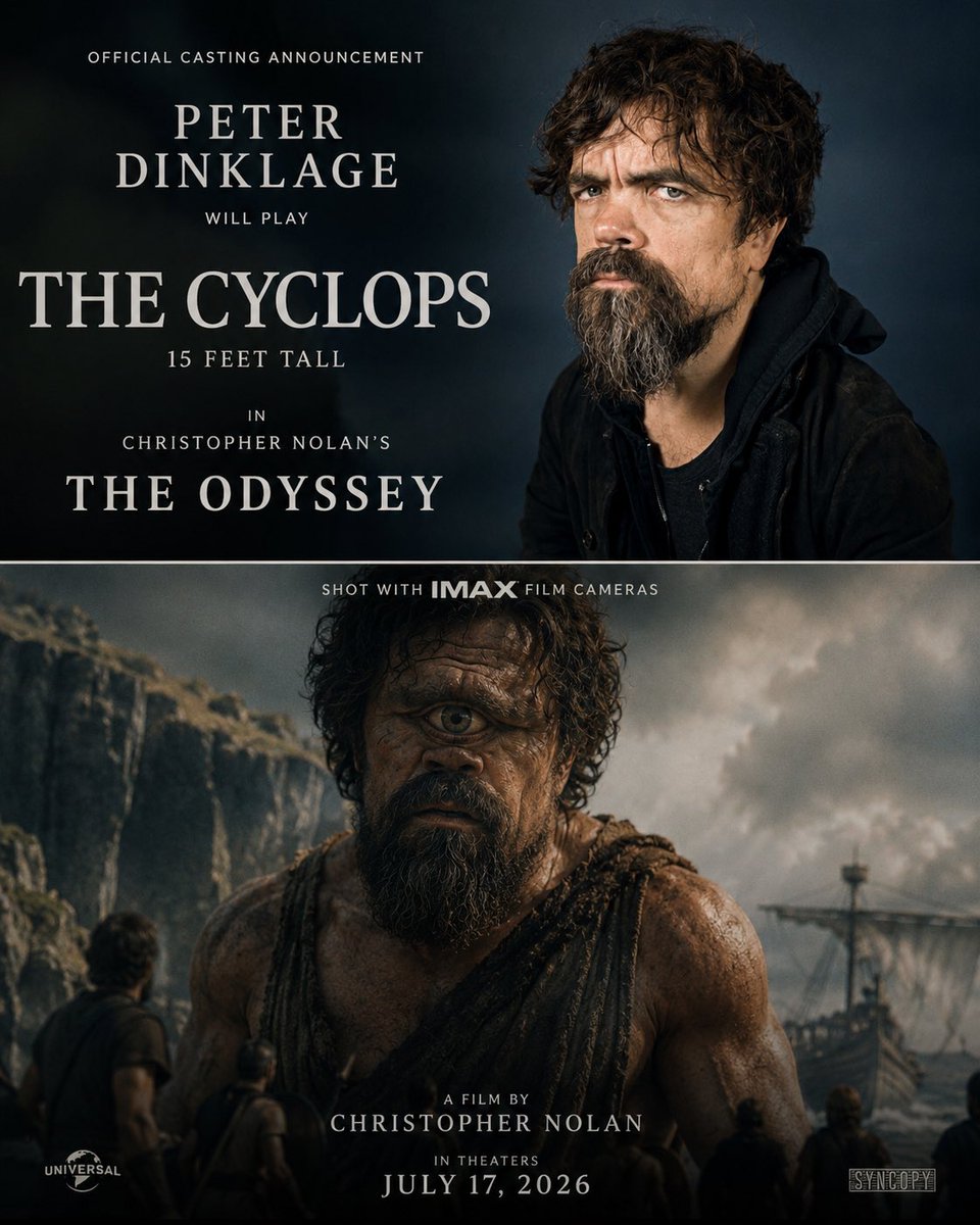 TheShadowHSExp1's tweet photo. Peter Dinklage will play the 15 feet tall Cyclops in Christopher Nolan’s “The Odyssey” https://t.co/aMDTNedmv8